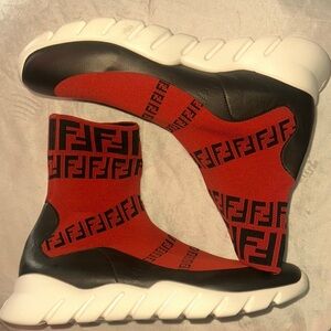 Fendi Red and Black Logo Sock Sneakers